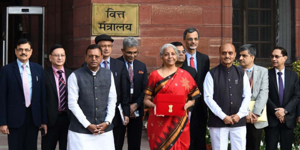 Finance Minister with other ministers in front of Finance Ministry Office for Budget 2023